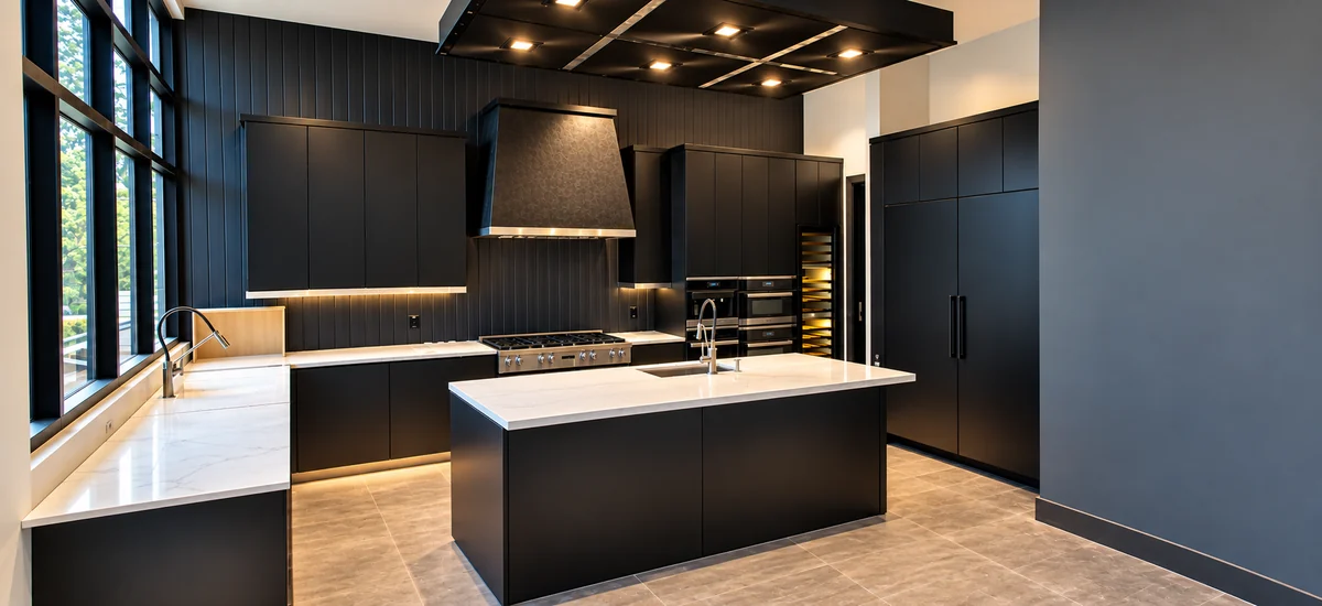 Black kitchen with integrated refrigeration, wall ovens, wine storage, and a range beneath a custom hood