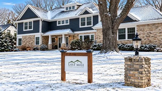Remodeled blue-and-brick home with white trim and a Last Mile sign in the winter yard