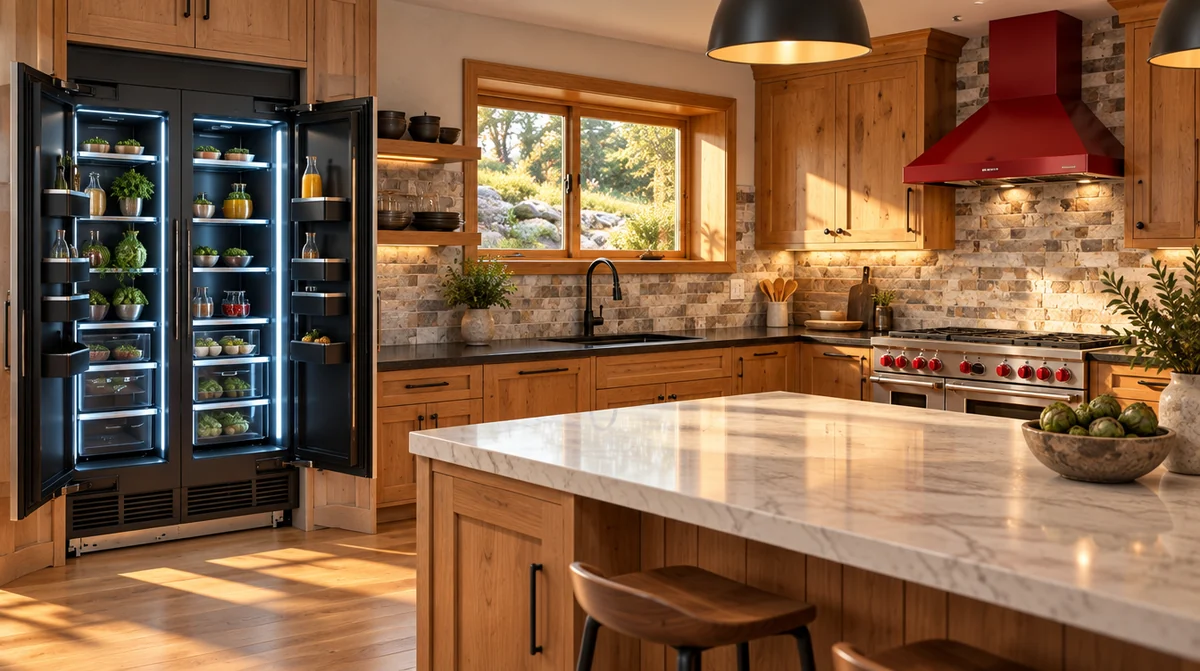 Warm wood kitchen design concept with a red range hood, stone backsplash, and a marble-topped island