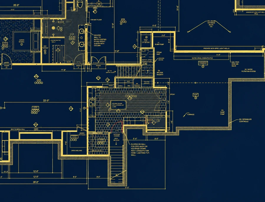 Gold architectural linework on a navy project drawing