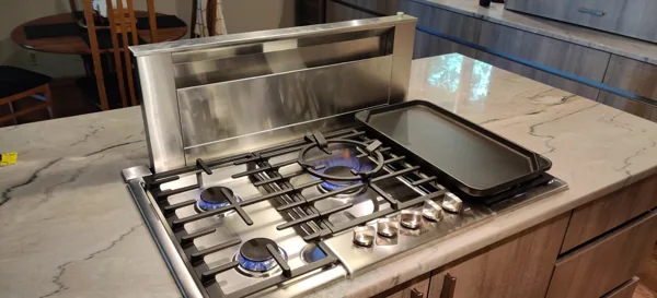 A raised downdraft behind a gas cooktop.