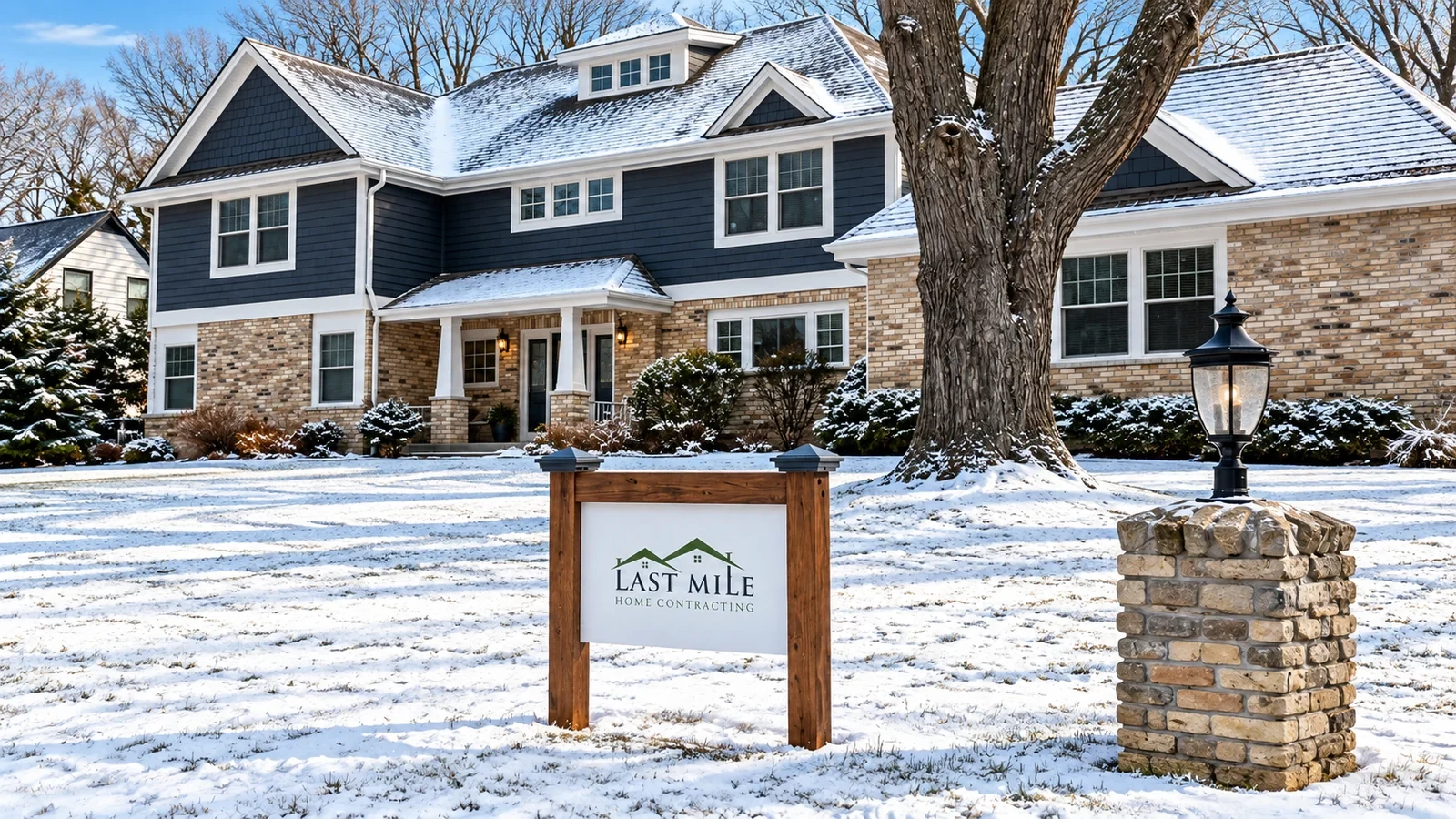 A remodeled blue home with brickwork, white trim, and a Last Mile sign